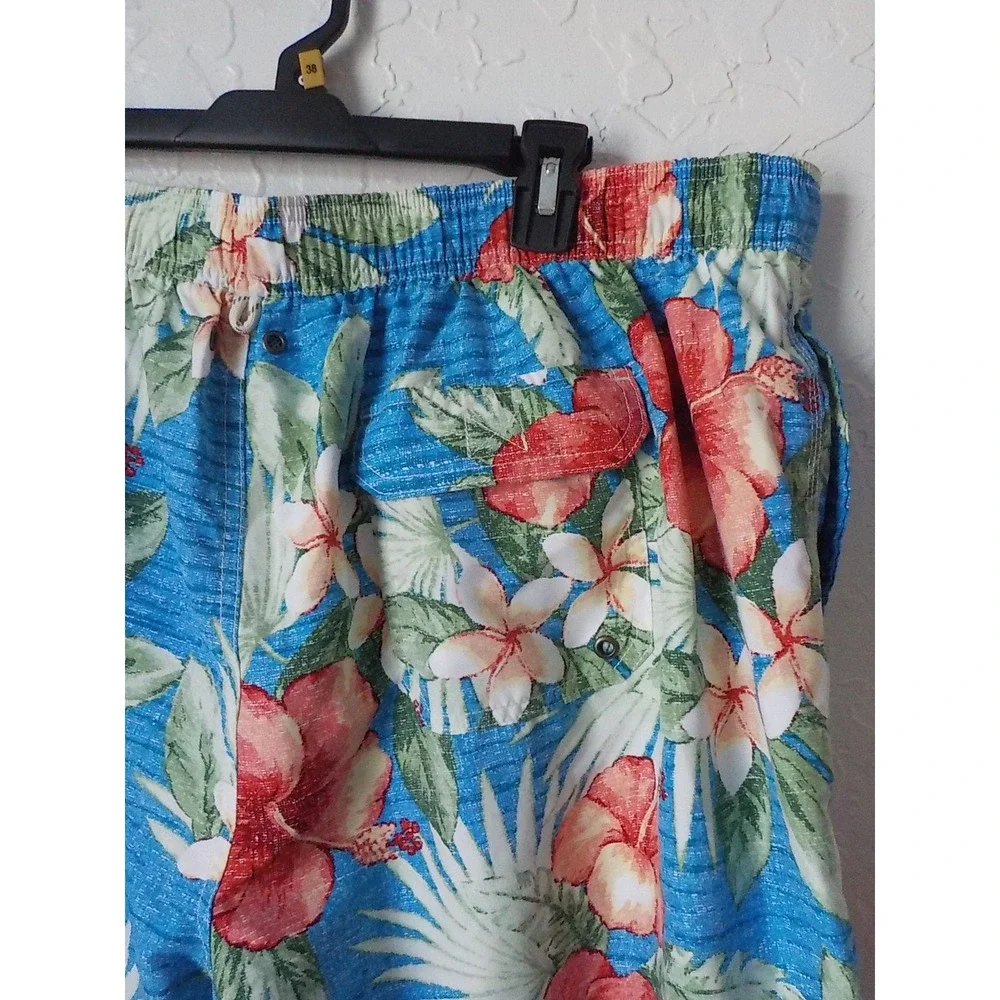 Caribbean Joe Blue Swim Shorts Trunks Men size 2X Hawaiian Floral Elastic Waist